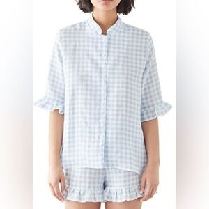 Sleeper Linen Lounge Blue Gingham Checkered Top